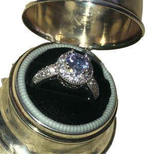 SILVER Tone Simulated Amethyst Halo Ring w Filigree Setting Sturdy Costume s7